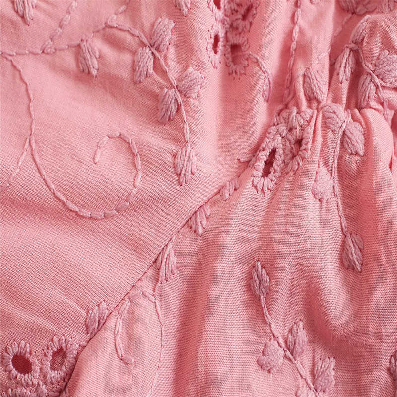 Women Summer Embroidered Za Dress Vintage Short Puff Sleeve Openwork Mini Pink Dresses Woman Chic Elastic Embroidery Dress 210602