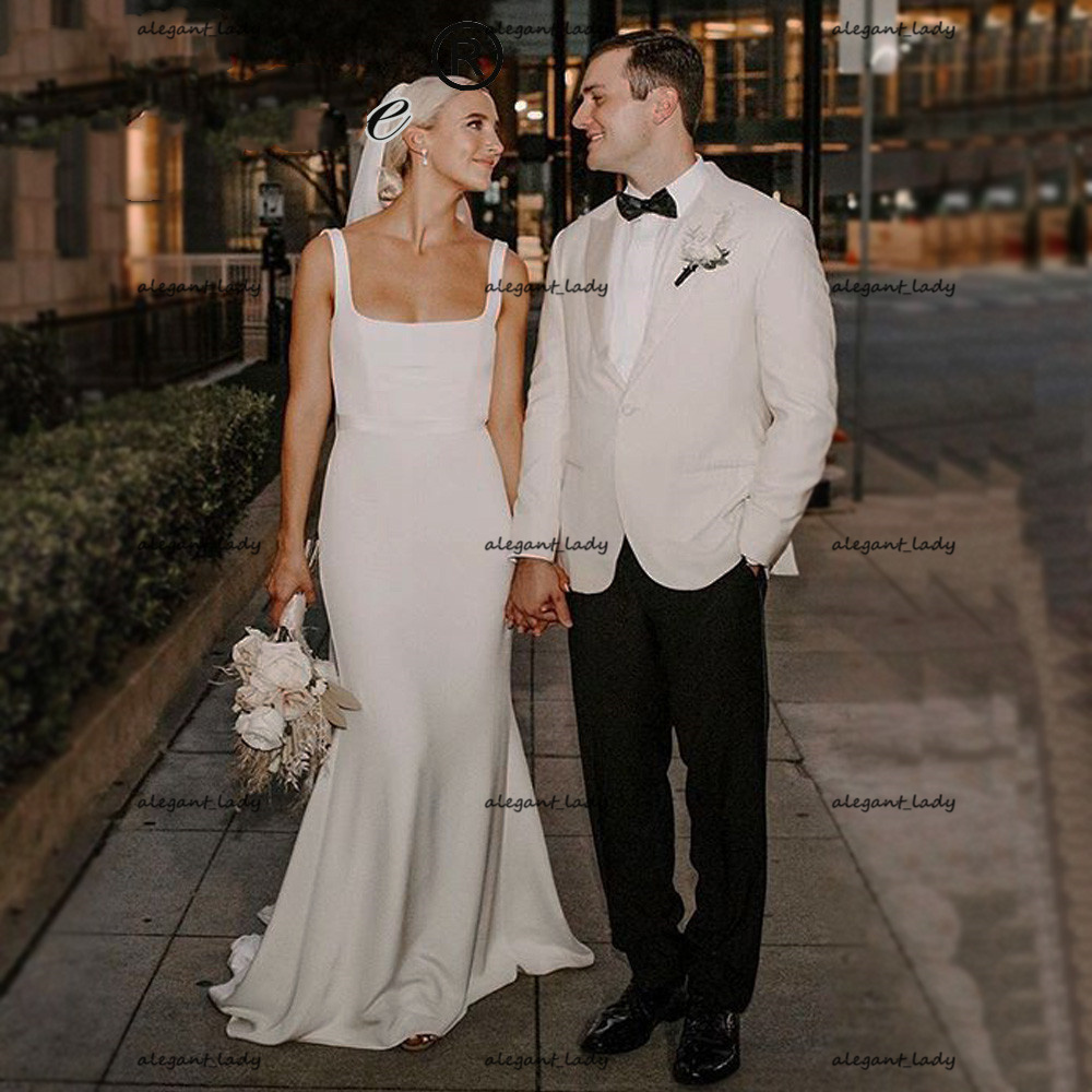 Crepe Mermaid beach Wedding Dress 2021 Square Neck sexy covered buttons bohemian trumpet garden bridal reception second dresses