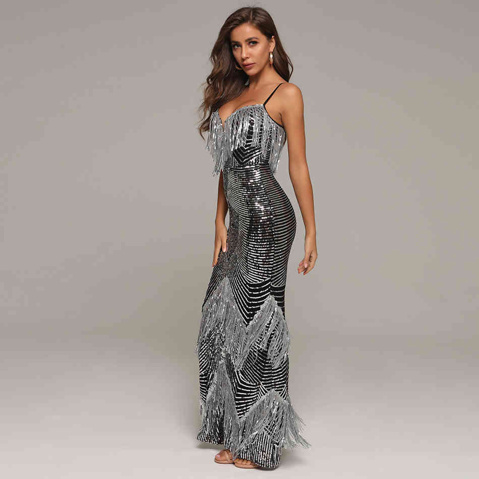 Women's Summer Maxi Sequins Sundress Sexy Spaghetti Strap Tassel Club Celebrity Evening Runway Party Lady Dresses 210423