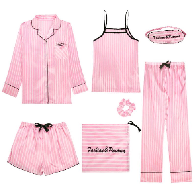7 Pieces Women Pajama Set Lady Bedgown Pink Striped Faux Silk Homewear Floral Printed Comfort Soft Female Summer Sleepwear Gift
7 Pieces Women Pajama Set Lady Bedgown Pink Striped Faux Silk Homewear Floral Printed Comfort Soft Female Summer Sleepwear Gift