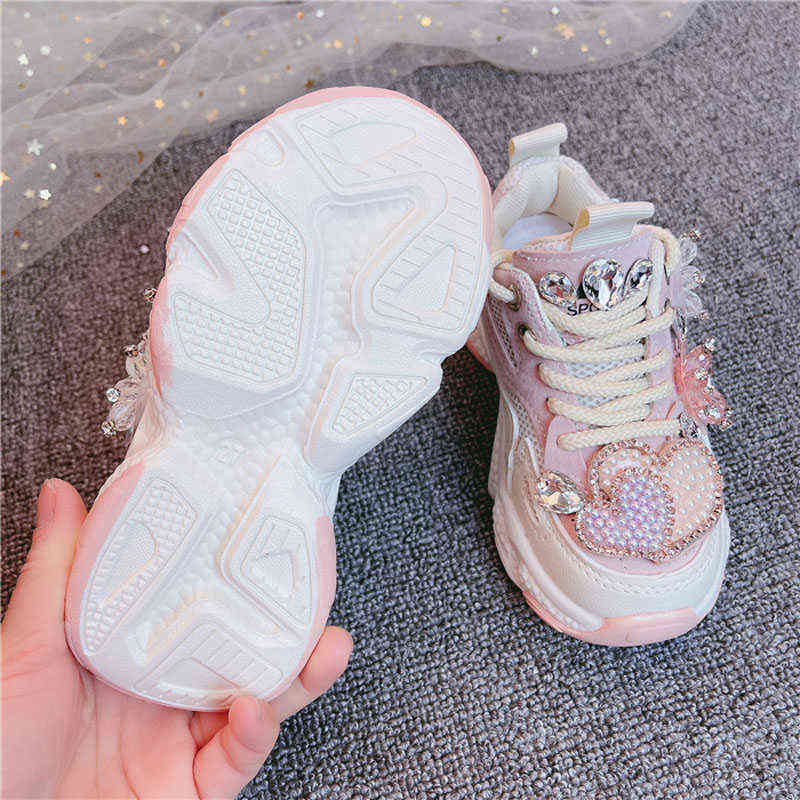 Kids Sneakers Girls Spring Fashion Casual Running Sports Trainers Breathable Children Pink Pearl with diamond Flats 220121