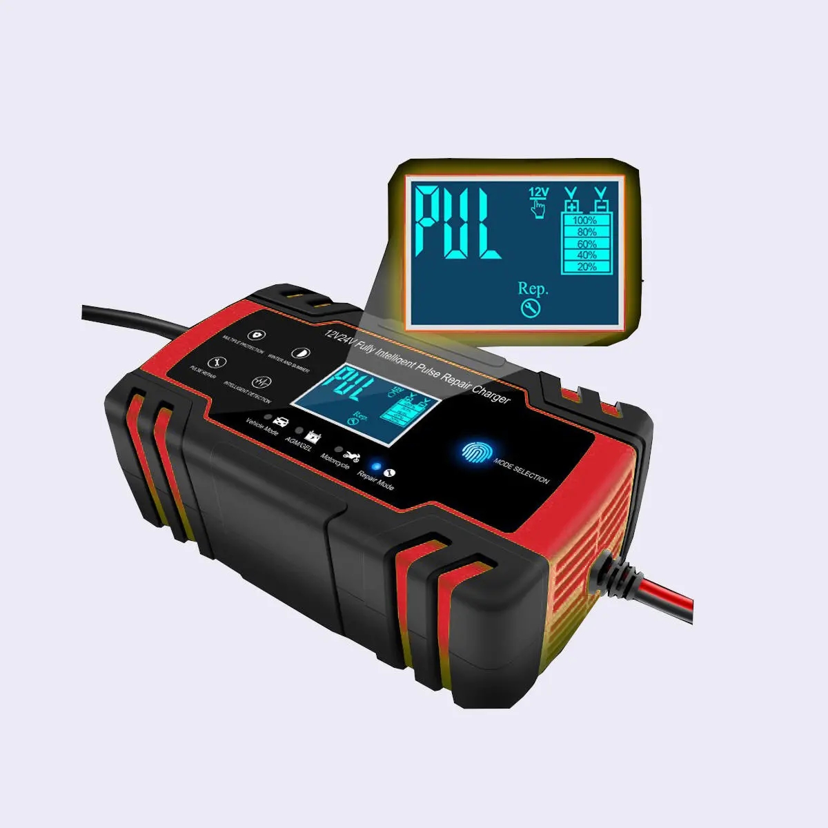12V/24V 8A Touch Screen Pulse Repair LCD Battery Charger Red For Car Motorcycle Lead Acid Battery Agm Gel Wet - US Plug