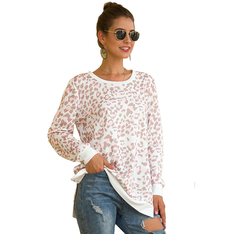 Leopard Camouflage Printed Hoodies Splicing Women's Fall Winter Round Neck Fashion Casual Loose Pullover Top Plus Size 210522