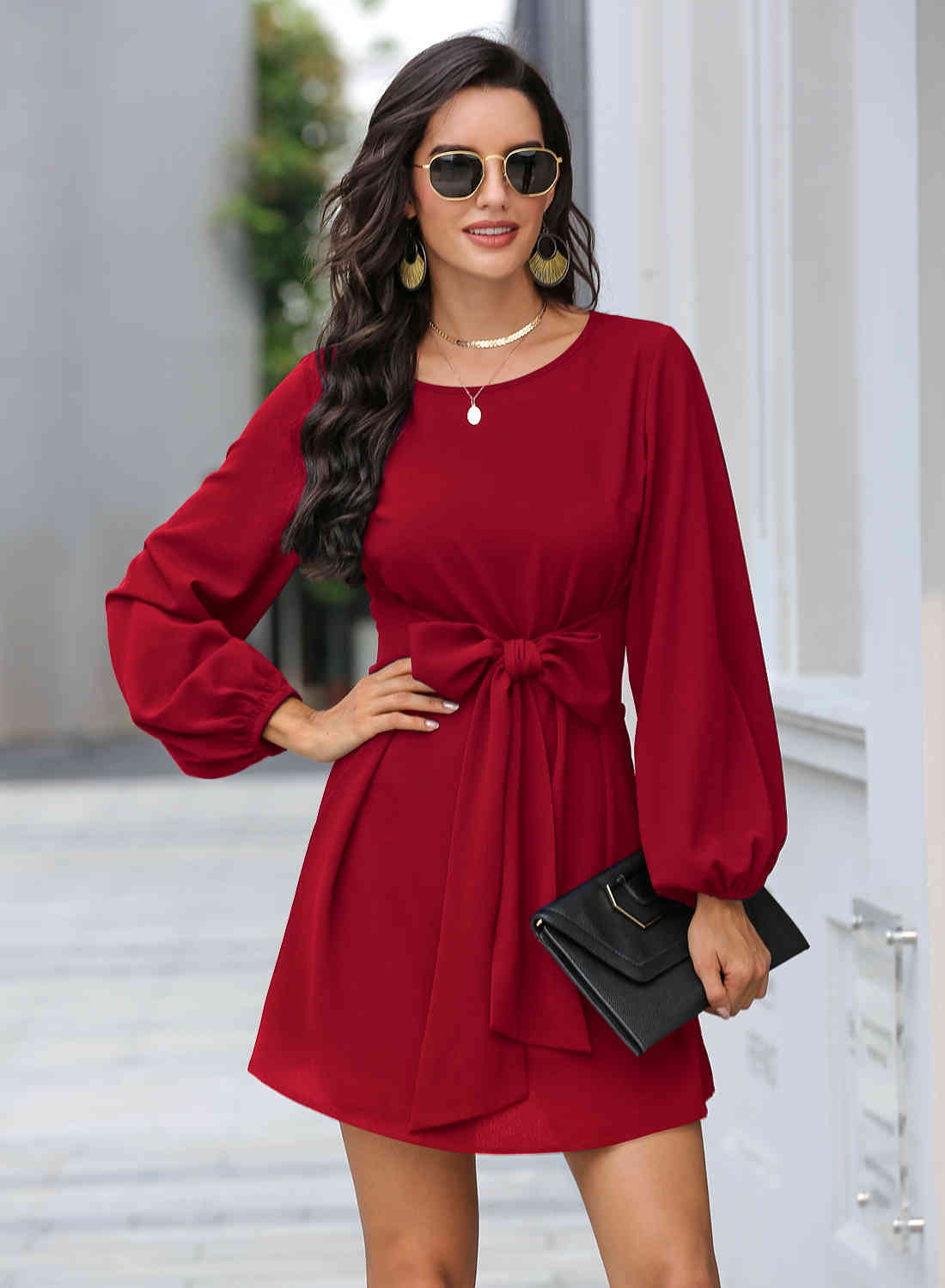 Autumn Solid Color Round Neck Bow Chiffon Dress Women Fashion Temperament Lantern Sleeve Short Pullover 210522