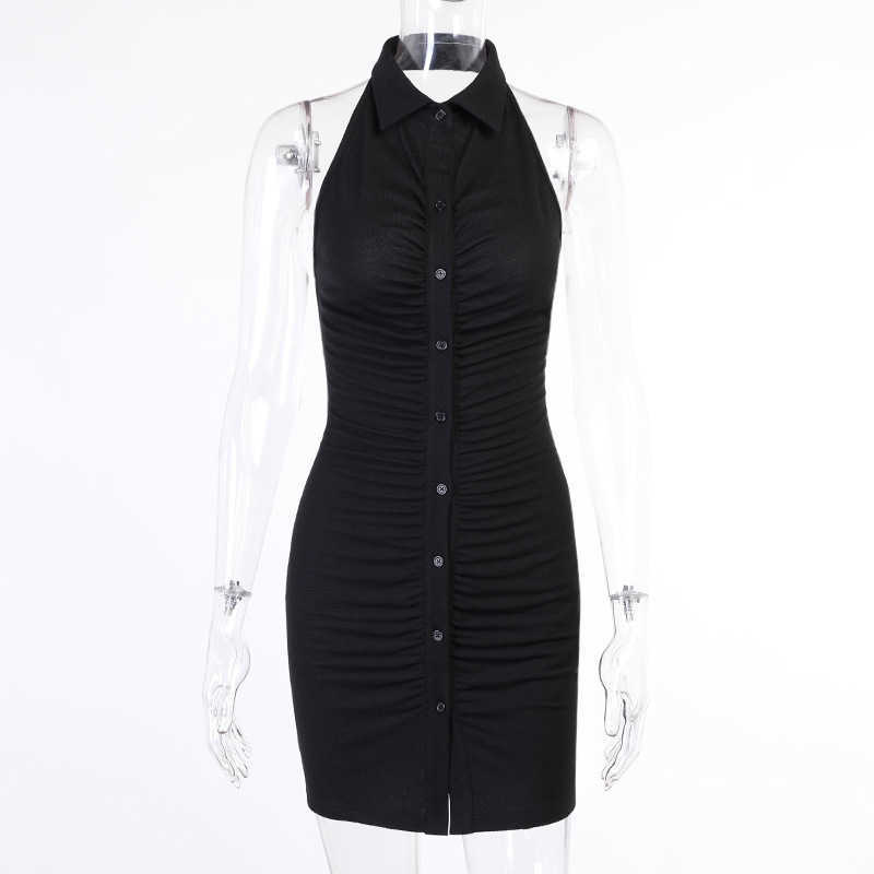 Colysmo Ribbed Knit Black Dress Backless Ruched Sleeveless Single Breasted Halter Women Sexy Casual Elegant Party Robe 210527