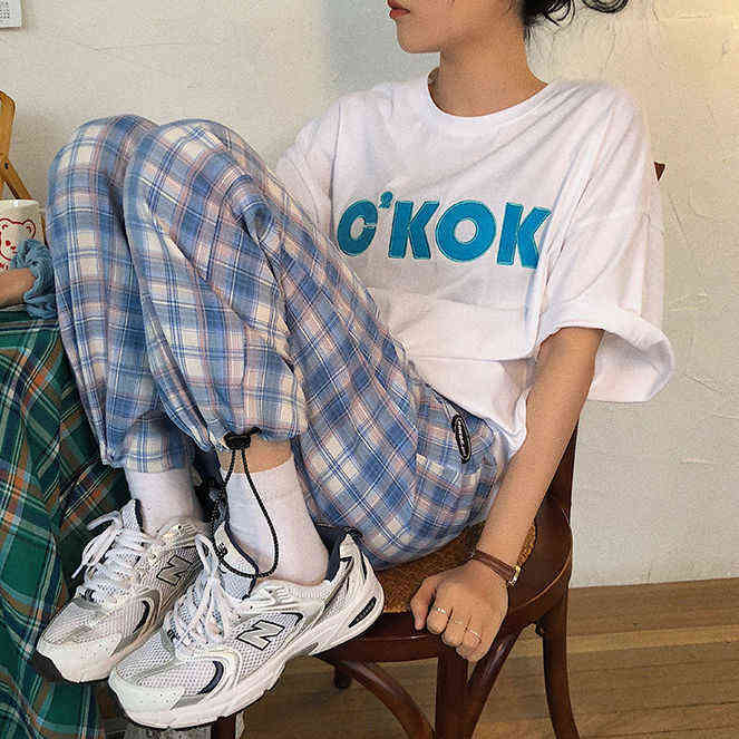 Jogger Pants Women Fashion purple Plaid Loose High Waist Female Trousers Track hip hop Harem pants Pockets Summer Streetwear 211115