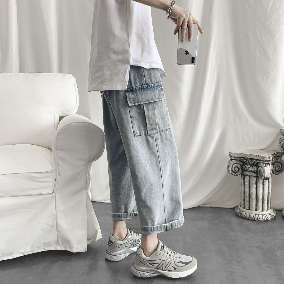 Men's Baggy Homme Casual Pants Cargo Pocket Wash Jeans Blue Color Haren Pants Biker Denim Trousers Plus Size S-2XL 210524
