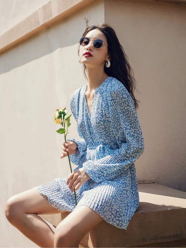 summer chiffon blue floral printed v-neck long sleeve ruffles playsuit women beach holiday casual wear lady clothes sashe 210421