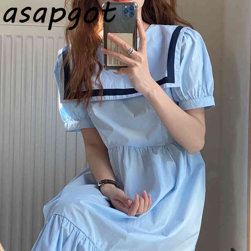 Summer Big Swing White Contrast Color Puff Short Sleeve Ruffles Sailor Collar Dress Women Loose Preppy Style Student Chic Wild 210429