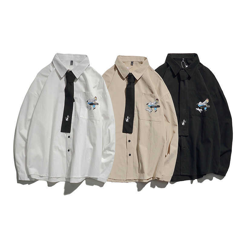 Mens Streetwear Fashion Shirts Oversized Chest Pocket Print Harajuku Shirt Long Sleeve Japanese Comic Boy Tie Shirts For Man Top 210527