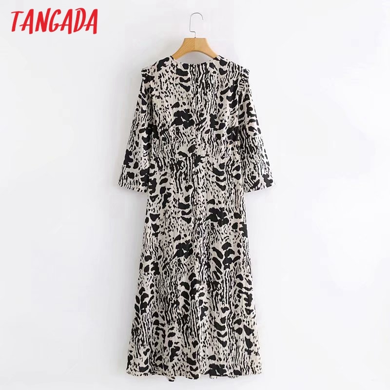 Women Animal Print French Style Half Sleeve Ladies Midi Dress Vestidos 2G13 210416