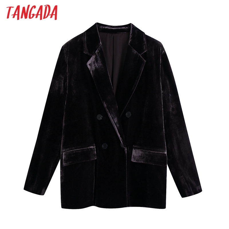 Women Vintage Coffee Velvet Blazer Female Long Sleeve Elegant Jacket Ladies Double Breasted Suits BE164 210416