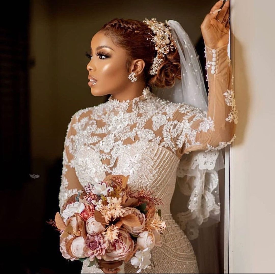 Vintage Mermaid Wedding Dress Beading High Neck Long Sleeve Bridal Gowns robes de mariée Lace Appliques Bride Dresses