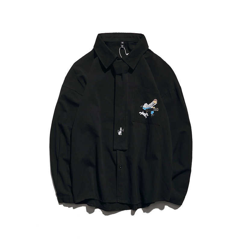 Mens Streetwear Fashion Shirts Oversized Chest Pocket Print Harajuku Shirt Long Sleeve Japanese Comic Boy Tie Shirts For Man Top 210527