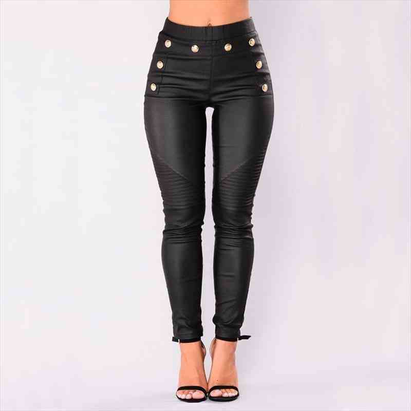 High Elastic Waist Black Pencil Pants Women Pu Leather Matte Stretch Button Trousers For Women Streetwear, Black;white
High Elastic Waist Black Pencil Pants Women Pu Leather Matte Stretch Button Trousers For Women Streetwear, Black;white