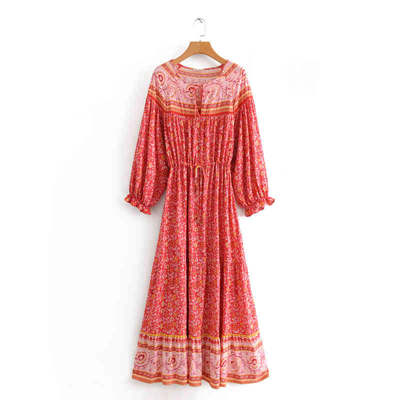 Chu Sau beauty Fashion Boho Style Floral Printed Maxi Dress Women Holiday Chic Lady's Sashes Dresses Female Beautiful Beachwear 210508