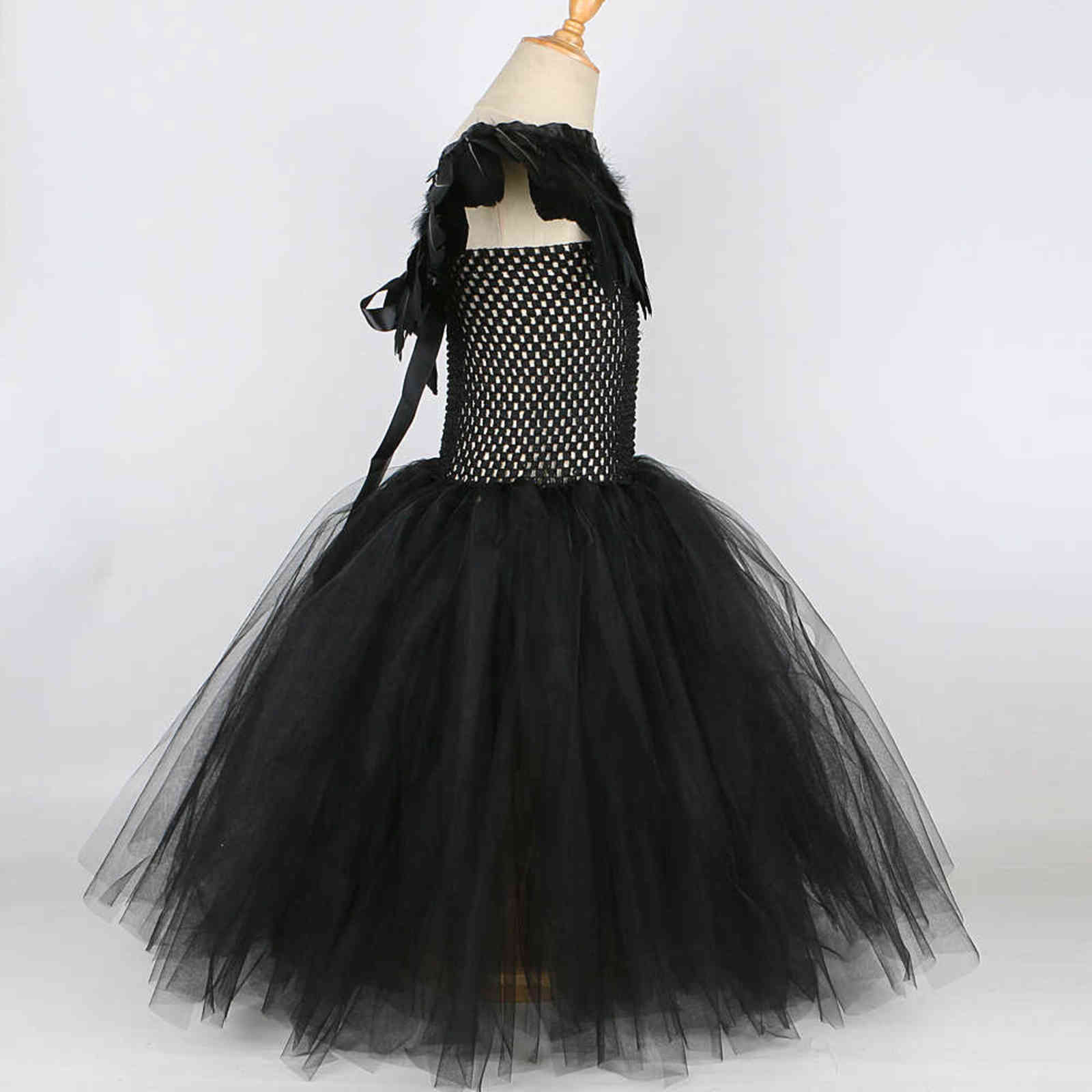 Black Feather Halloween Costumes for Girls Kids Evil Queen Long Tutu Dress with Horns Wings Villian Witch Cosplay Outfit Set 211130