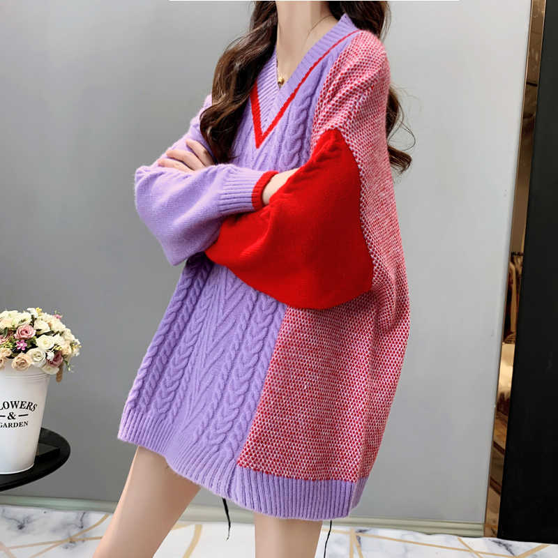 H.SA Women Winter Sweater Pullovers V neck Patchwork Purple Haraju Jumpers Oversized Knit Loose Knitwear Twisted Winter Sweaters 210716