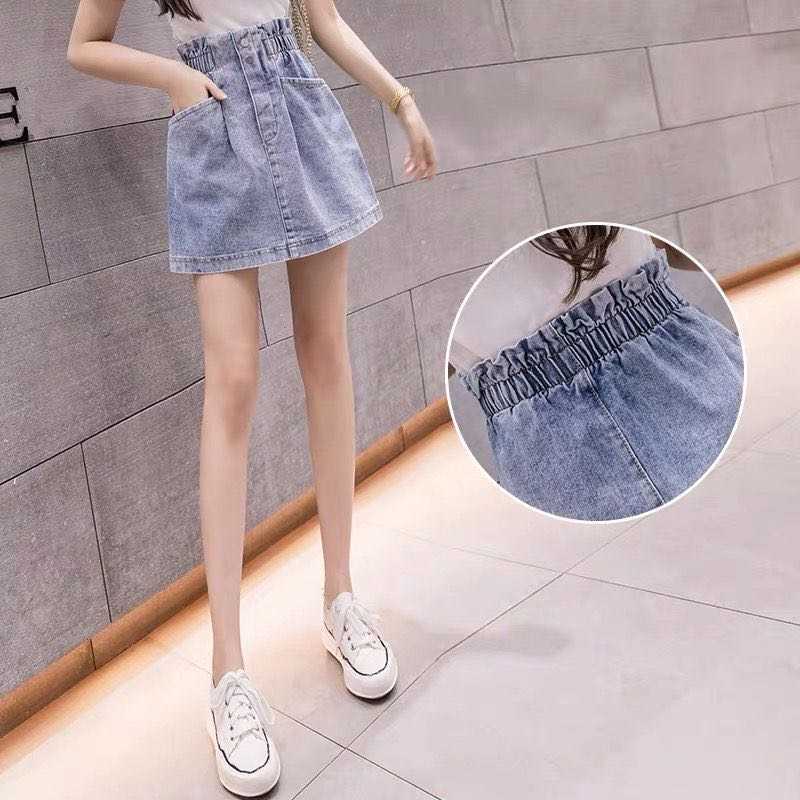 Elastic High Waist Denim Skirt Woman Skirts Mini Jean Pockets Casual Streetwear Female A-line Sexy Black 210619