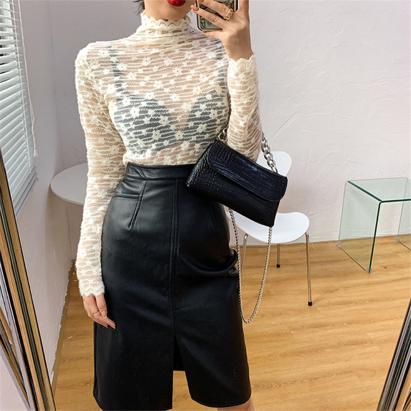 Chic Basic Slim High Quality All Match Lace Sexy Turtleneck Solid Female Women Autumn Tops Full Sleeves T-shirt 210421