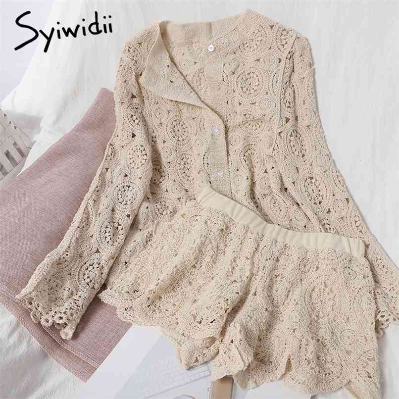 Women Shorts Set Summer Fashion Shirts Tracksuit Button Up Long Sleeve Tops Loose Hollow Out Knitted Two Piece 210607, Apricot
Women Shorts Set Summer Fashion Shirts Tracksuit Button Up Long Sleeve Tops Loose Hollow Out Knitted Two Piece 210607, Apricot