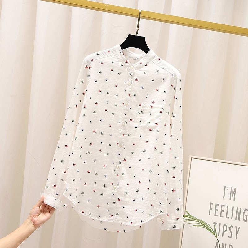 Spring Autumn Arts Style Women Long Sleeve Loose White Shirt 100% Cotton Flower Print Casual Blouse Femme Tops S92 210512