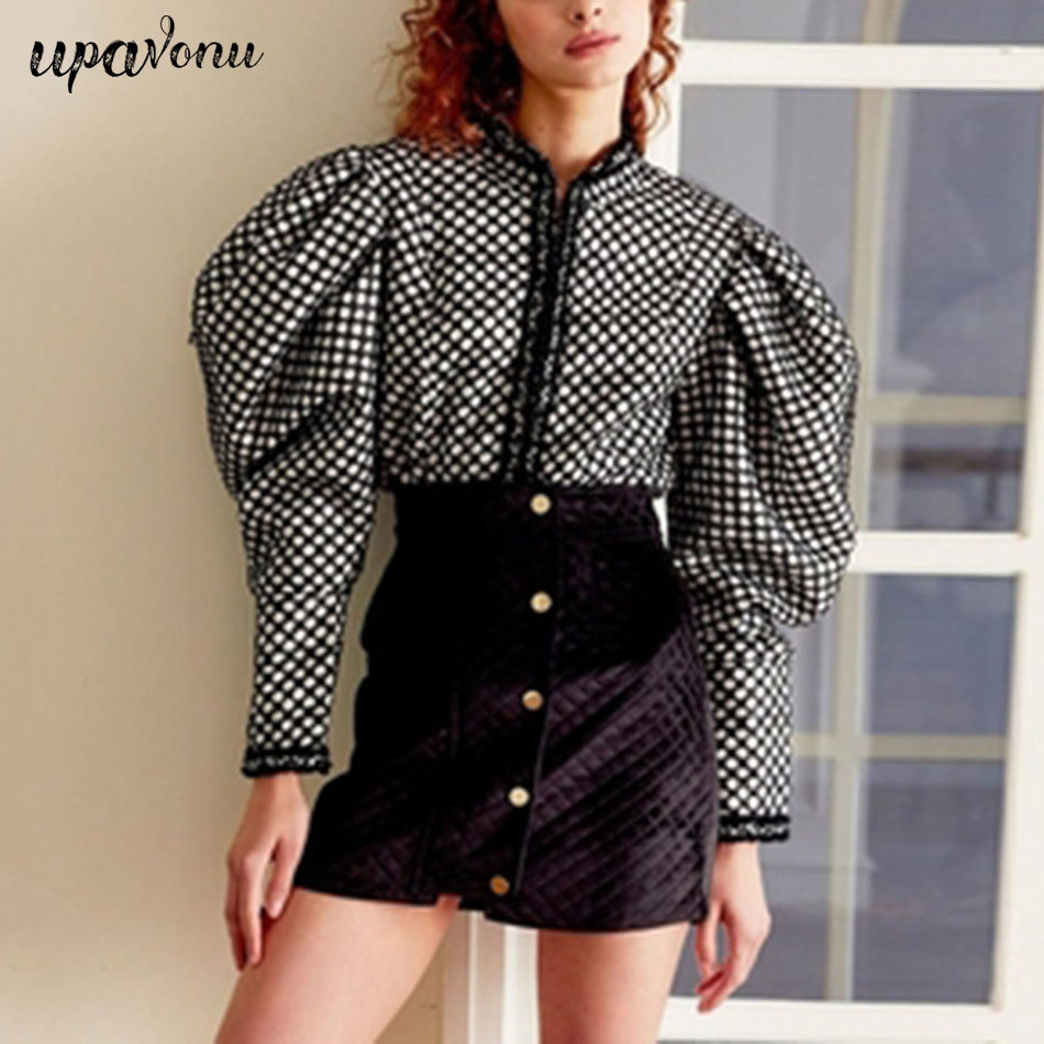 Autumn Fashion Women Clothes Runway Styles High Quality Female Vestido Puff Sleeves Plaid Short Jacket Slim 210524