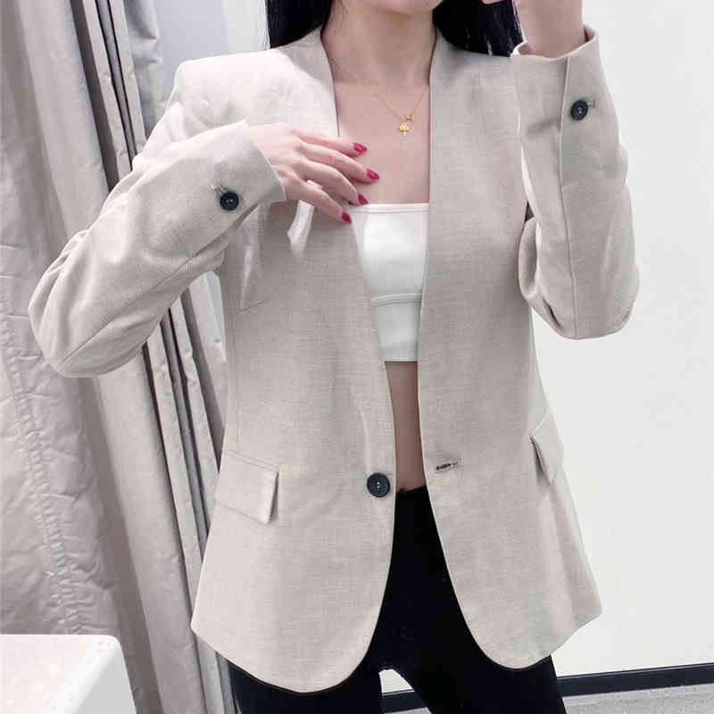 Women V Neck Office Blazers Casual Long Sleeve Solid Suit Jackets With Pockets Work Wear Single Breasted Khaki Coat 210414