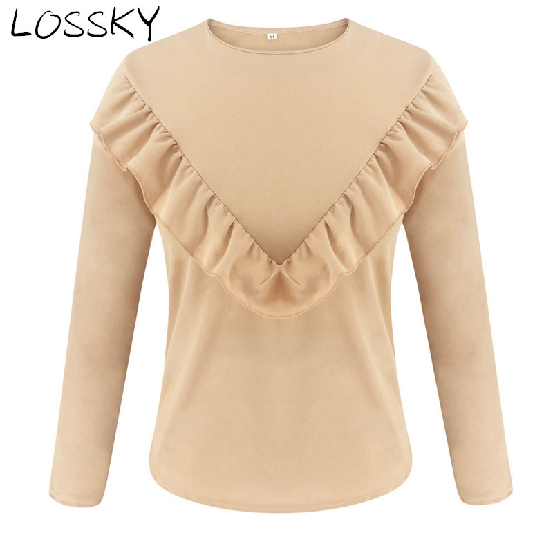 Women's Autumn Spring Ruffles Frill White Shirt Blouse Casual Round Neck Long Sleeve Elegant Slim Female Chic Tops Blusas Shirts 210507