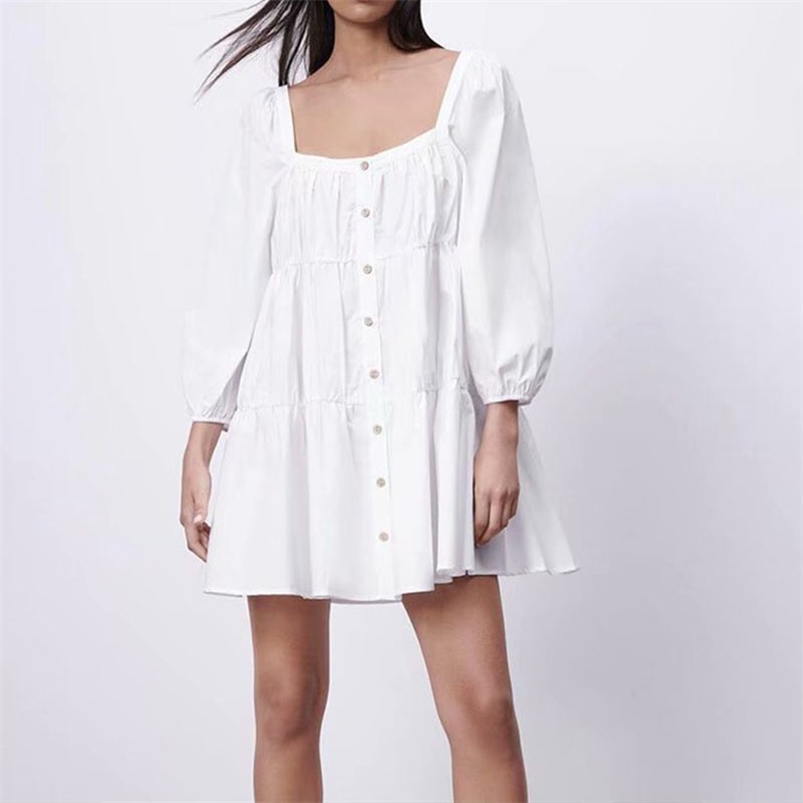 Women Summer Sweet Poplin Mini Dress Tops White Lantern Wrist Sleeve Pullover Short Ladies BB1177 210513