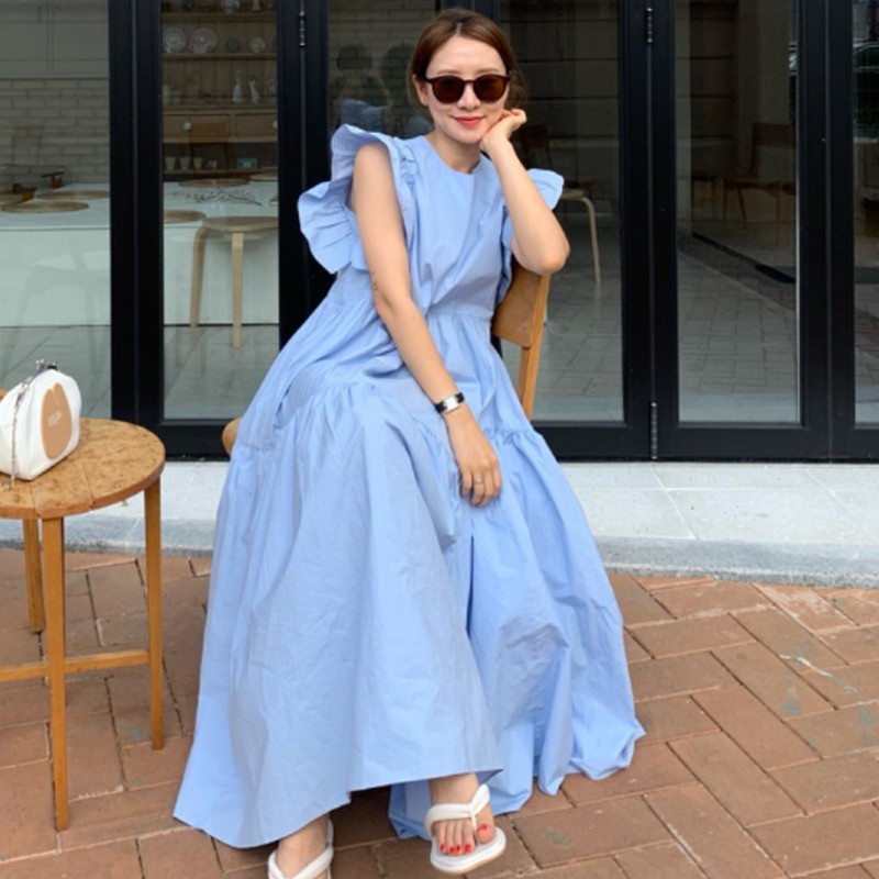 Chic Korean Summer Casual Gentle O Neck Ruffles Pleated Patchwork Loose White Big Swing Flying Sleeve Dress Women Vestido 210429