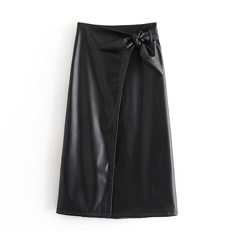 Elegant Solid Faux Leather Skirt Bow Tie Office Wear Long Women Brown And Black Color A Line s Mujer Faldas 210515