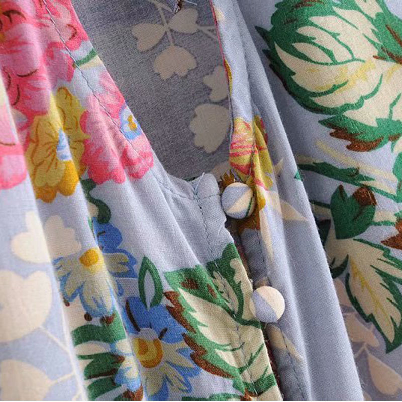 Autumn National Wind Floral Seven-point Sleeve Female Shirt Korean Version of The Loose Tie V-neck Women's Shirt Tops 210507