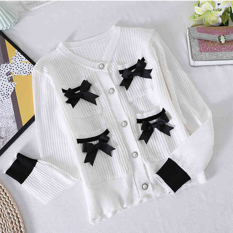 Fashion Elegant Summer Korean Sweater Knitted Cardigan Women's Short Bow Pocket Jacket 210506