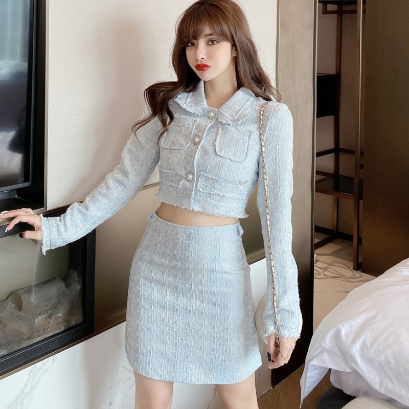 Autumn Winter Two Piece Set Elegant Skirt Suit Fashion Tweed Long Sleeve Crop Top + Bodycon Mini Skirt Set Outfits 210518
