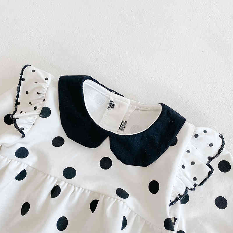 Spring Autumn Infant Baby Girls Rompers Clothes Bodysuit Dot Long Sleeve And Hair Band 210429
