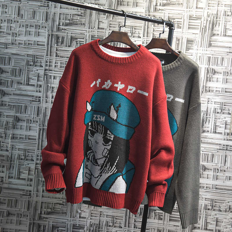 Couple Cartoon Print Sweater Japanese Knitting Pullovers Round Neck Loose Casual Lazy Autumn Winter Knitted Pullover Sweater 211018
