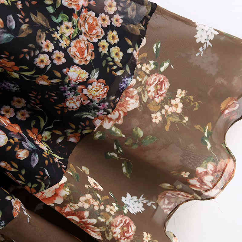 KPYTOMOA Women Chic Fashion Floral Print Chiffon Midi Dress Vintage V Neck See Through Sleeves Female Dresses Vestidos Mujer 210409