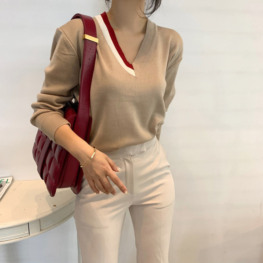 Autumn Winter Bottoming Sweater Elegant OL Pullover Stitching Color V-neck Long Sleeve Loose Knitted Sweaters 210421