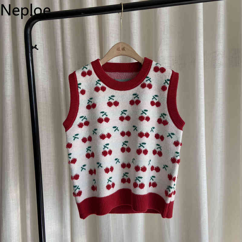 Neploe Woman Sweaters Vest O-neck Crochet Floral Cherry Knitted Cropped Pullovers Tank Korean Sweet Waistcoat Tops women 4H380 210422