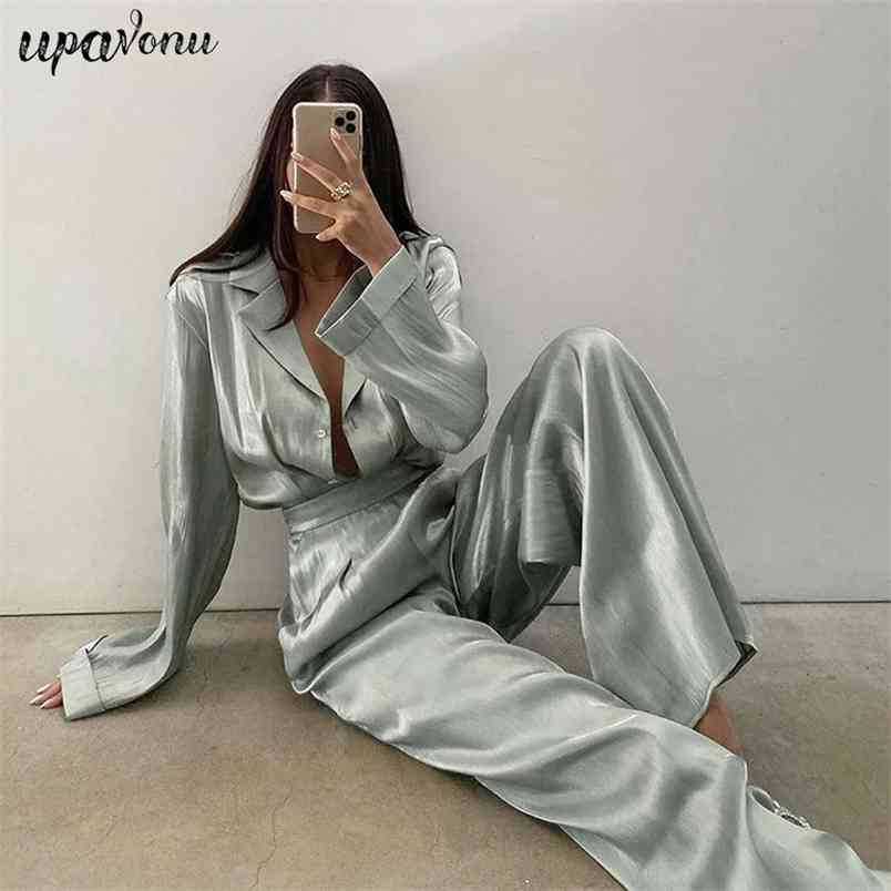 Free Vintage Satin Sets Women Autumn Of Elegant Woman Long Sleeve Shirt Top & High Waist Pants Two Piece Set 210524