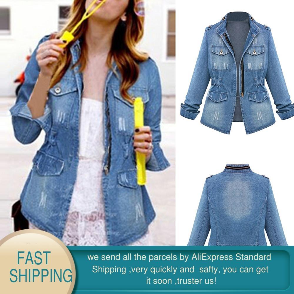 Women Casual Denim Jackets Cardigan Zipper Casaco Feminino Coat Pockets Top Streetwear Slim Elastic Waist Jeans Jacket 210428