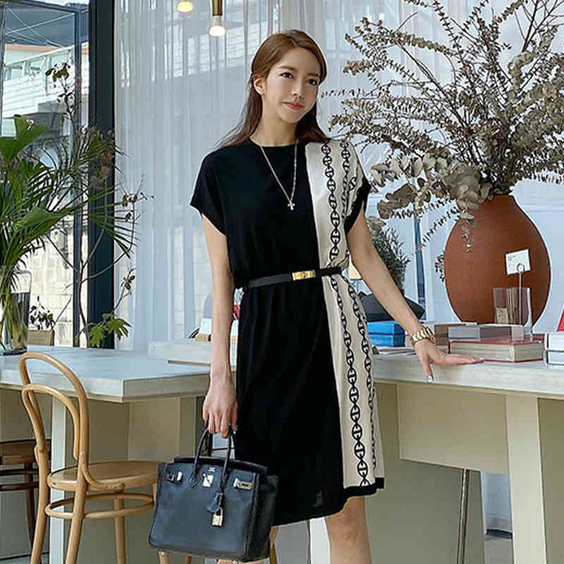 Summer Dresses Women Casual Short Sleeve O-Neck Loose Dress Female Vestido Plus Size Print With Belt 210506