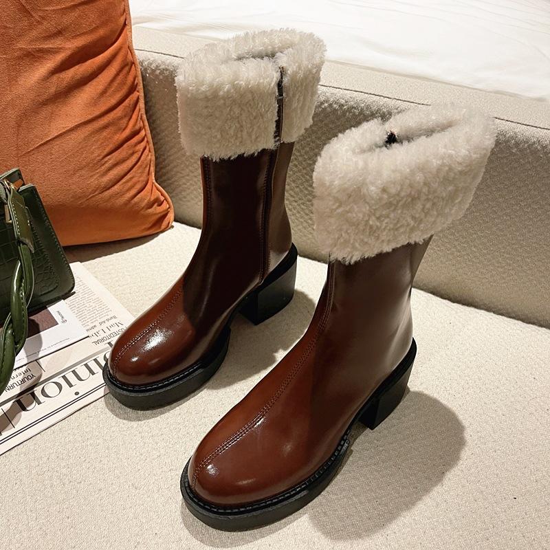 Boots Women 2021 Zipper Plush Winter Footwear Female Shoes Round Toe Fur Med Rock Rubber Mid Calf Mid-Calf Ladies Solid Mid-