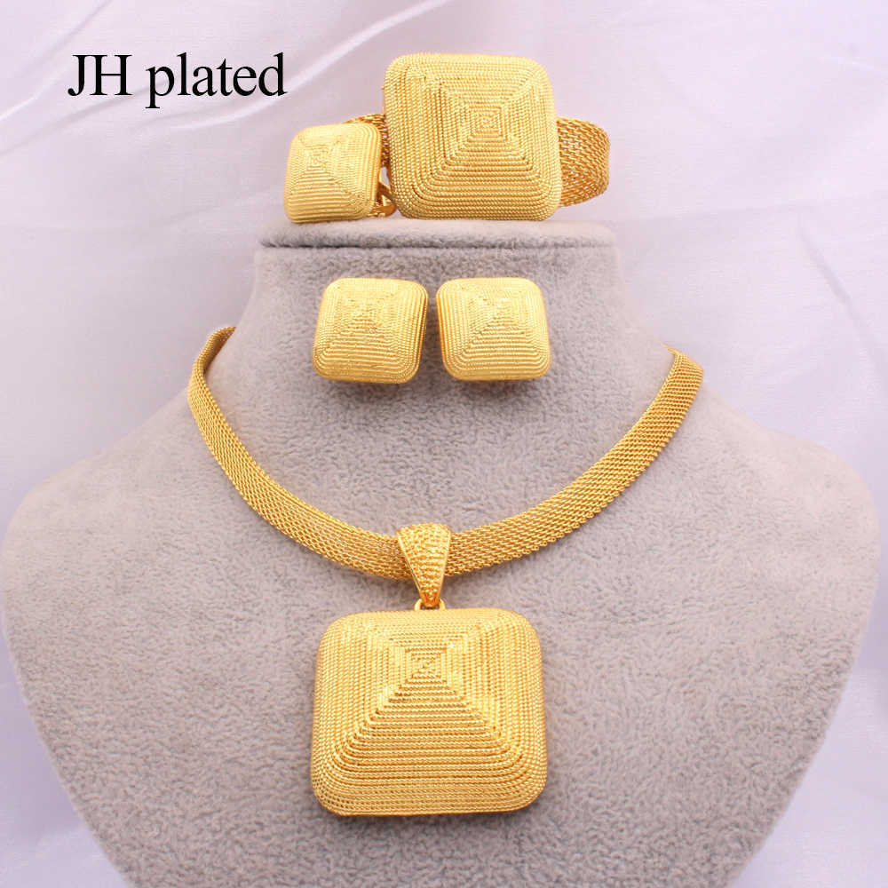 Dubai gold 24K Jewelry sets for women African bridal Wedding gifts party Necklace square earrings ring bracelet jewellery set Y200810