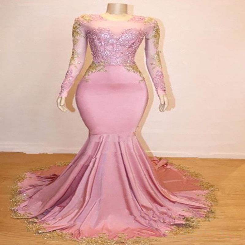Elegant Arabic Mermaid Evening Dress With Gold Appliques Sheer Neck Long Sleeve Pink Black Girls Prom Dresses Formal Gown Robe De Soirée 2021 Vestidos