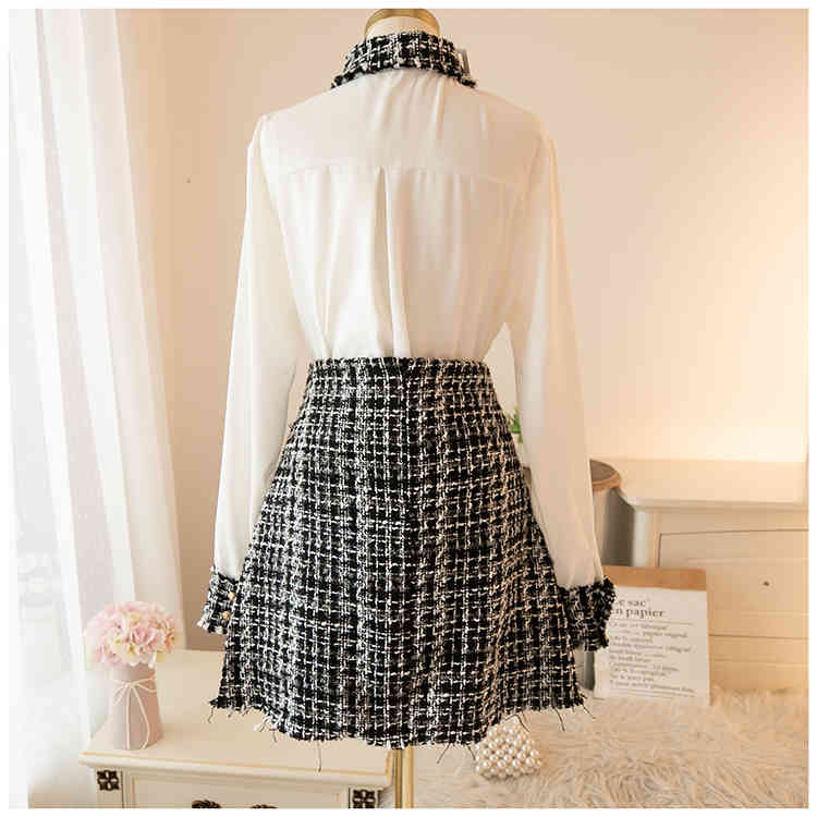 Women Spring Two Piece Set Casual Long Sleeve Fashion White Blouse +Double Breasted Wool Tweed Plaid Skirt Suit 210520