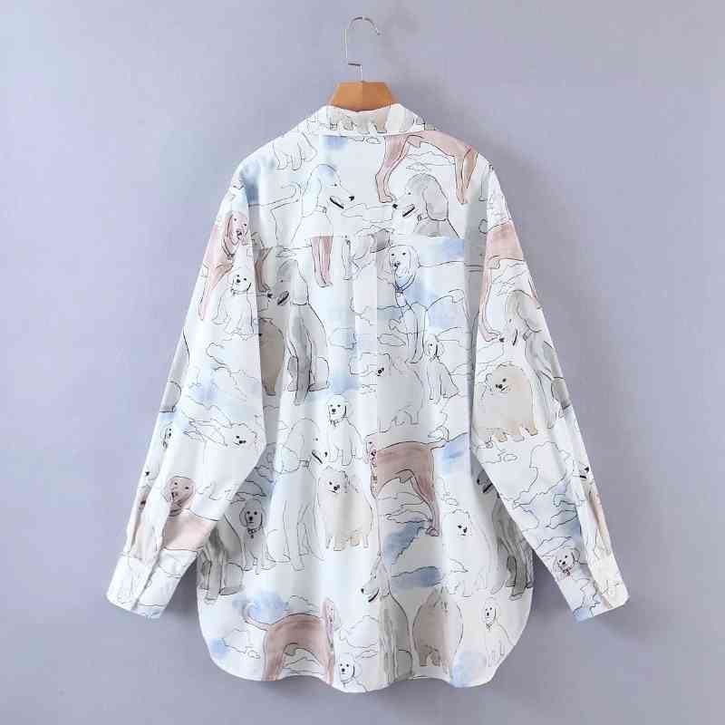Women Dog Print Single Pocket Loose Shirts Female Long Sleeve Blouses Casual Lady Turndown Collar Tops Blusas S8275 210430