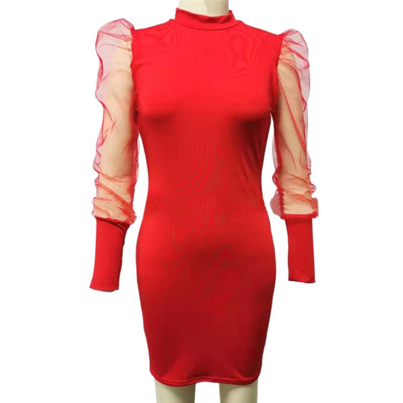 Sexy Women Solid Long Puff Sleeve Mini Dress Fashion Ladies Bodycon Evening Party Casual Dresses