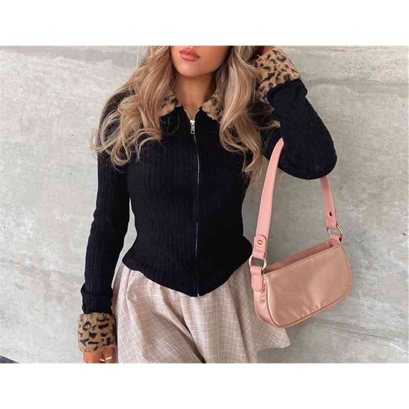 Vintage Faux Fur Leopard Lapel Rib Knitting Cardigan Women Long Sleeve Zipper Crop Sweater Short Slim Jumper Knitwear 210429